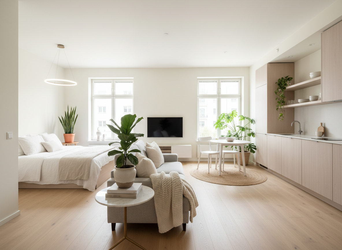 Lichte, luchtige moderne studio met groene planten